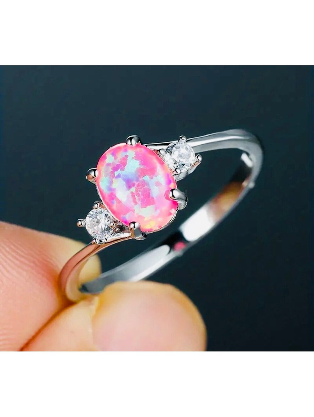 New - Exquisite Oval Cut Pink Opal Ring - Size 7